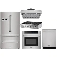 Thor Kitchen 5-Piece Pro Appliance Package - 36" Rangetop, Wall Oven, Under Cabinet Hood, Dishwasher & Refrigerator in Stainless Steel - The Home Selection