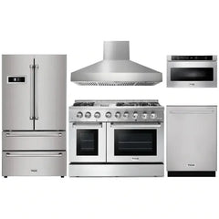 Thor Kitchen 5-Piece Pro Appliance Package - 48" Dual Fuel Range, French Door Refrigerator, Dishwasher, Pro Wall Mount Hood, and Microwave Drawer in Stainless Steel - The Home Selection