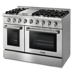 Thor Kitchen 5-Piece Pro Appliance Package - 48" Gas Range, French Door Refrigerator, Dishwasher, Pro Wall Mount Hood, and Microwave Drawer in Stainless Steel - The Home Selection