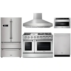 Thor Kitchen 5-Piece Pro Appliance Package - 48" Gas Range, French Door Refrigerator, Dishwasher, Pro Wall Mount Hood, and Microwave Drawer in Stainless Steel - The Home Selection
