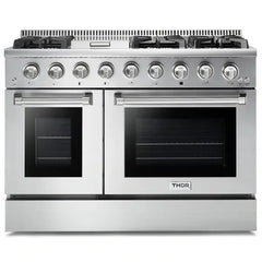 Thor Kitchen 5-Piece Pro Appliance Package - 48" Gas Range, French Door Refrigerator, Dishwasher, Under Cabinet Hood, and Microwave Drawer in Stainless Steel - The Home Selection