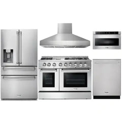 Thor Kitchen 5-Piece Pro Appliance Package - 48-Inch Dual Fuel Range, Refrigerator with Water Dispenser, Dishwasher, Pro Wall Mount Hood, & Microwave Drawer in Stainless Steel - The Home Selection