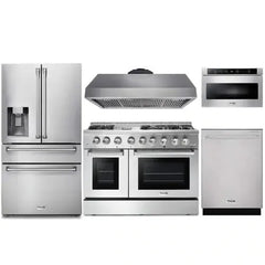Thor Kitchen 5-Piece Pro Appliance Package - 48-Inch Dual Fuel Range, Refrigerator with Water Dispenser, Dishwasher, Under Cabinet Hood, & Microwave Drawer in Stainless Steel - The Home Selection