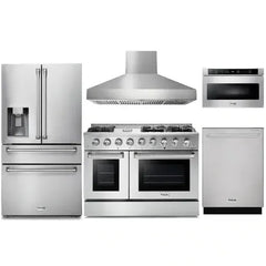 Thor Kitchen 5-Piece Pro Appliance Package - 48-Inch Gas Range, Refrigerator with Water Dispenser, Dishwasher, Pro Wall Mount Hood, & Microwave Drawer in Stainless Steel - The Home Selection
