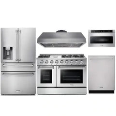 Thor Kitchen 5-Piece Pro Appliance Package - 48-Inch Gas Range, Refrigerator with Water Dispenser, Dishwasher, Under Cabinet Hood, & Microwave Drawer in Stainless Steel - The Home Selection