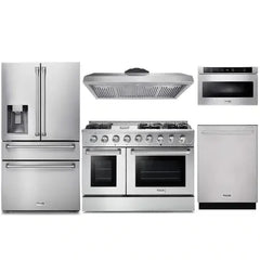 Thor Kitchen 5-Piece Pro Appliance Package - 48-Inch Gas Range, Refrigerator with Water Dispenser, Dishwasher, Under Cabinet Hood, & Microwave Drawer in Stainless Steel - The Home Selection