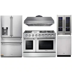 Thor Kitchen 5-Piece Pro Appliance Package - 48-Inch Gas Range, Refrigerator with Water Dispenser, Dishwasher, & Wine Cooler in Stainless Steel - The Home Selection