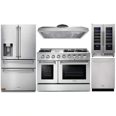 Thor Kitchen 5-Piece Pro Appliance Package - 48-Inch Gas Range, Refrigerator with Water Dispenser, Dishwasher, & Wine Cooler in Stainless Steel - The Home Selection