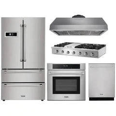 Thor Kitchen 5-Piece Pro Appliance Package - 48" Rangetop, Wall Oven, Premium Hood, Dishwasher & Refrigerator in Stainless Steel - The Home Selection