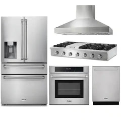 Thor Kitchen 5-Piece Pro Appliance Package - 48" Rangetop, Wall Oven, Pro Wall Mount Hood, Dishwasher & Refrigerator with Water Dispenser in Stainless Steel - The Home Selection