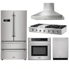 Thor Kitchen 5-Piece Pro Appliance Package - 48" Rangetop, Wall Oven, Wall Mount Hood, Dishwasher & Refrigerator in Stainless Steel - The Home Selection