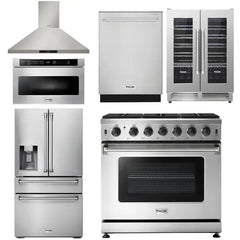 Thor Kitchen 6-Piece Appliance Package - 30-Inch Gas Range, Refrigerator with Water Dispenser, Wall Mount Hood, Dishwasher, Microwave Drawer, & Wine Cooler in Stainless Steel - The Home Selection