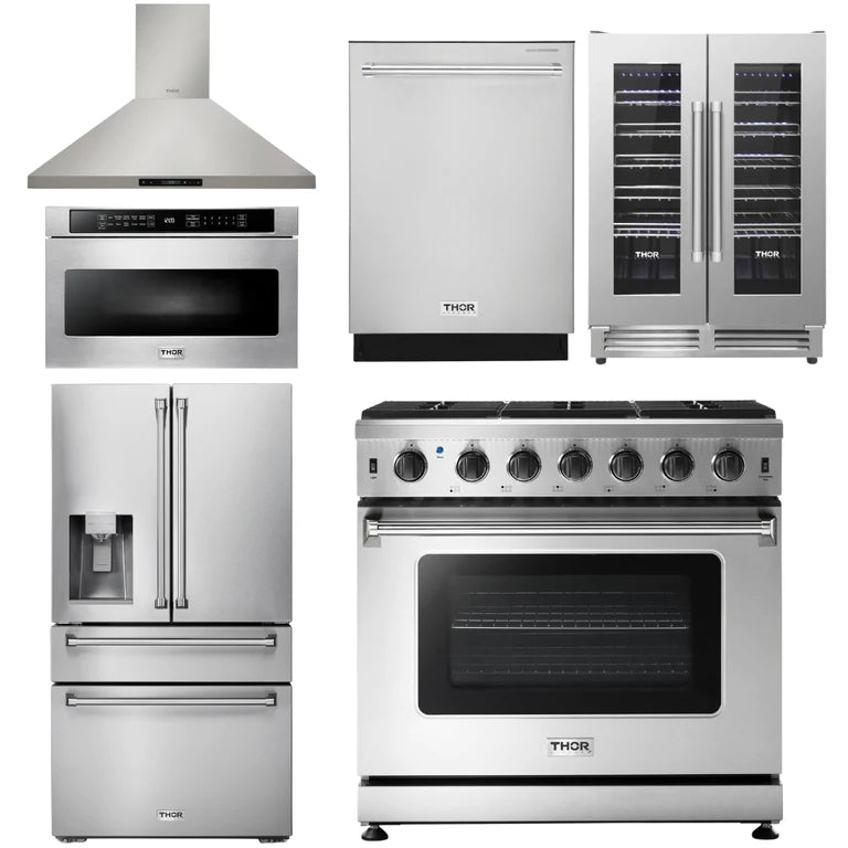 Thor Kitchen 6-Piece Appliance Package - 36-Inch Gas Range, Refrigerator with Water Dispenser, Wall Mount Hood, Dishwasher, Microwave Drawer, & Wine Cooler in Stainless Steel - The Home Selection