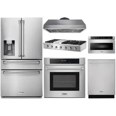 Thor Kitchen 6-Piece Appliance Package - 48-Inch Gas Range, Wall Oven, Premium Hood, Refrigerator with Water Dispenser, Dishwasher, Microwave Drawer, & Wine Cooler in Stainless Steel - The Home Selection