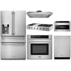 Thor Kitchen 6-Piece Appliance Package - 48-Inch Gas Range, Wall Oven, Premium Hood, Refrigerator with Water Dispenser, Dishwasher, Microwave Drawer, & Wine Cooler in Stainless Steel - The Home Selection