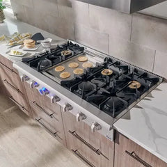 Thor Kitchen 6-Piece Appliance Package - 48-Inch Gas Range, Wall Oven, Pro Wall Mount Hood, Refrigerator with Water Dispenser, Dishwasher, Microwave Drawer, & Wine Cooler in Stainless Steel - The Home Selection