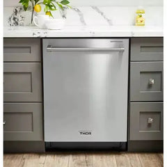 Thor Kitchen 6-Piece Appliance Package - 48-Inch Gas Range, Wall Oven, Pro Wall Mount Hood, Refrigerator with Water Dispenser, Dishwasher, Microwave Drawer, & Wine Cooler in Stainless Steel - The Home Selection