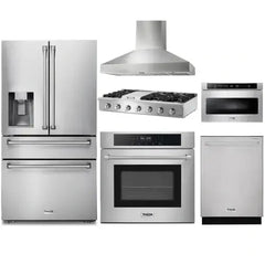 Thor Kitchen 6-Piece Appliance Package - 48-Inch Gas Range, Wall Oven, Pro Wall Mount Hood, Refrigerator with Water Dispenser, Dishwasher, Microwave Drawer, & Wine Cooler in Stainless Steel - The Home Selection