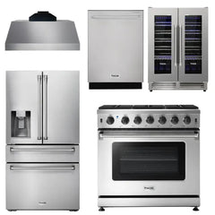 Thor Kitchen 6-Piece Pro Appliance Package - 30-Inch Dual Fuel Range, Refrigerator with Water Dispenser, Under Cabinet Hood, Dishwasher, Microwave Drawer, & Wine Cooler in Stainless Steel - The Home Selection