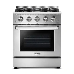 Thor Kitchen 6-Piece Pro Appliance Package - 30-Inch Gas Range, Refrigerator with Water Dispenser, Under Cabinet Hood, Dishwasher, Microwave Drawer, & Wine Cooler in Stainless Steel - The Home Selection