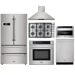 Thor Kitchen 6-Piece Pro Appliance Package - 36" Cooktop, Wall Oven, Wall Mount Hood, Refrigerator, Dishwasher & Microwave Drawer in Stainless Steel - The Home Selection