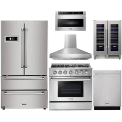 Thor Kitchen 6-Piece Pro Appliance Package - 36" Gas Range, French Door Refrigerator, Wall Mount Hood, Dishwasher, Microwave Drawer, & Wine Cooler in Stainless Steel - The Home Selection
