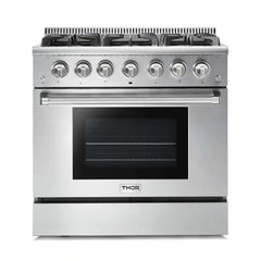 Thor Kitchen 6-Piece Pro Appliance Package - 36" Gas Range, French Door Refrigerator, Wall Mount Hood, Dishwasher, Microwave Drawer, & Wine Cooler in Stainless Steel - The Home Selection