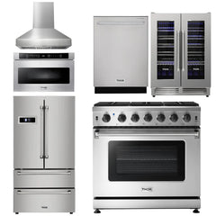 Thor Kitchen 6-Piece Pro Appliance Package - 36" Gas Range, French Door Refrigerator, Wall Mount Hood, Dishwasher, Microwave Drawer, & Wine Cooler in Stainless Steel - The Home Selection