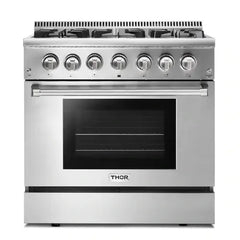 Thor Kitchen 6-Piece Pro Appliance Package - 36-Inch Dual Fuel Range, Refrigerator with Water Dispenser, Wall Mount Hood, Dishwasher, Microwave Drawer, & Wine Cooler in Stainless Steel - The Home Selection