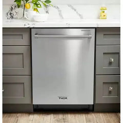 Thor Kitchen 6-Piece Pro Appliance Package - 36-Inch Dual Fuel Range, Refrigerator with Water Dispenser, Wall Mount Hood, Dishwasher, Microwave Drawer, & Wine Cooler in Stainless Steel - The Home Selection