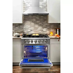 Thor Kitchen 6-Piece Pro Appliance Package - 36-Inch Gas Range, Refrigerator with Water Dispenser, Wall Mount Hood, Dishwasher, Microwave Drawer, & Wine Cooler in Stainless Steel - The Home Selection