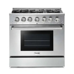 Thor Kitchen 6-Piece Pro Appliance Package - 36-Inch Gas Range, Refrigerator with Water Dispenser, Wall Mount Hood, Dishwasher, Microwave Drawer, & Wine Cooler in Stainless Steel - The Home Selection