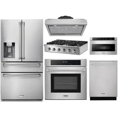 Thor Kitchen 6-Piece Pro Appliance Package - 36" Rangetop, Wall Oven, Under Cabinet Hood, Refrigerator with Water Dispenser, Dishwasher, & Microwave in Stainless Steel - The Home Selection