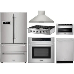 Thor Kitchen 6-Piece Pro Appliance Package - 36" Rangetop, Wall Oven, Wall Mount Hood, Refrigerator, Dishwasher, & Microwave in Stainless Steel - The Home Selection