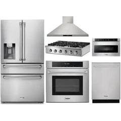 Thor Kitchen 6-Piece Pro Appliance Package - 36" Rangetop, Wall Oven, Wall Mount Hood, Refrigerator with Water Dispenser, Dishwasher, & Microwave in Stainless Steel - The Home Selection