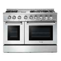 Thor Kitchen 6-Piece Pro Appliance Package - 48-Inch Dual Fuel Range, Refrigerator with Water Dispenser, Dishwasher, Under Cabinet Hood, Microwave Drawer, & Wine Cooler in Stainless Steel - The Home Selection