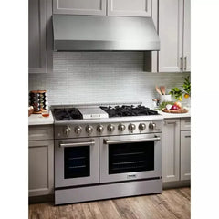 Thor Kitchen 6-Piece Pro Appliance Package - 48-Inch Dual Fuel Range, Refrigerator with Water Dispenser, Dishwasher, Under Cabinet Hood, Microwave Drawer, & Wine Cooler in Stainless Steel - The Home Selection