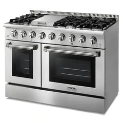 Thor Kitchen 6-Piece Pro Appliance Package - 48-Inch Gas Range, Refrigerator with Water Dispenser, Dishwasher, Pro Wall Mount Hood, Microwave Drawer, & Wine Cooler in Stainless Steel - The Home Selection