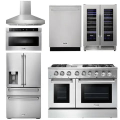 Thor Kitchen 6-Piece Pro Appliance Package - 48-Inch Gas Range, Refrigerator with Water Dispenser, Dishwasher, Pro Wall Mount Hood, Microwave Drawer, & Wine Cooler in Stainless Steel - The Home Selection