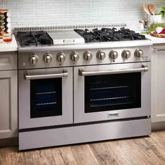 Thor Kitchen 6-Piece Pro Appliance Package - 48-Inch Gas Range, Refrigerator with Water Dispenser, Dishwasher, Under Cabinet Hood, Microwave Drawer, & Wine Cooler in Stainless Steel - The Home Selection