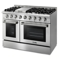 Thor Kitchen 6-Piece Pro Appliance Package - 48-Inch Gas Range, Refrigerator with Water Dispenser, Dishwasher, Under Cabinet Hood, Microwave Drawer, & Wine Cooler in Stainless Steel - The Home Selection