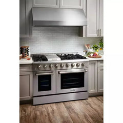 Thor Kitchen 6-Piece Pro Appliance Package - 48-Inch Gas Range, Refrigerator with Water Dispenser, Dishwasher, Under Cabinet Hood, Microwave Drawer, & Wine Cooler in Stainless Steel - The Home Selection