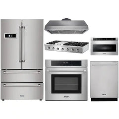 Thor Kitchen 6-Piece Pro Appliance Package - 48" Rangetop, Wall Oven, Premium Hood, Refrigerator, Dishwasher, & Microwave Drawer in Stainless Steel - The Home Selection