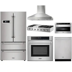 Thor Kitchen 6-Piece Pro Appliance Package - 48" Rangetop, Wall Oven, Pro Wall Mount Hood, Refrigerator, Dishwasher, & Microwave Drawer in Stainless Steel - The Home Selection