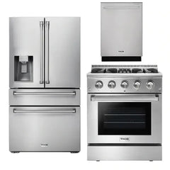 Thor Kitchen Appliance Package - 30 In. Propane Gas Burner/Electric Oven Range, Refrigerator with Water and Ice Dispenser, Dishwasher - The Home Selection