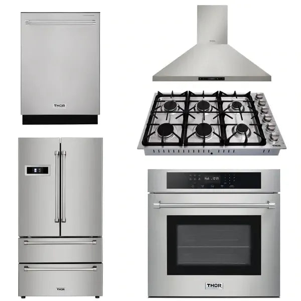 Thor Kitchen Appliance Package - 30 in. Wall Oven, 36 In. Cooktop, Range Hood, Refrigerator, Dishwasher - The Home Selection