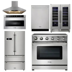 Thor Kitchen Appliance Package - 36 in. Electric Range, Range Hood, Microwave Drawer, Refrigerator, Dishwasher, Wine Cooler - The Home Selection