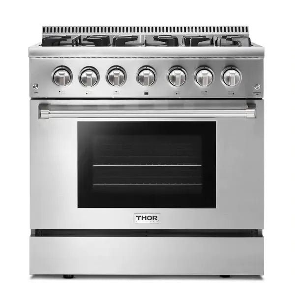 Thor Kitchen Appliance Package - 36 in. Gas Burner/Electric Oven Range, Range Hood, Dishwasher. Refrigerator - The Home Selection