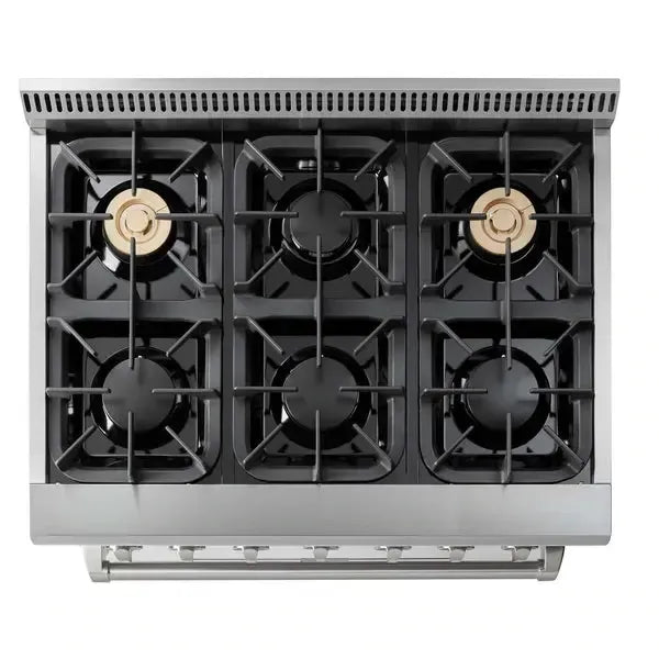 Thor Kitchen Appliance Package - 36 In. Gas Burner/Electric Oven Range, Range Hood, Dishwasher. Refrigerator with Water and Ice Dispenser - The Home Selection