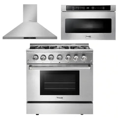 Thor Kitchen Appliance Package - 36 in. Gas Burner/Electric Oven Range, Range Hood, Microwave Drawer - The Home Selection
